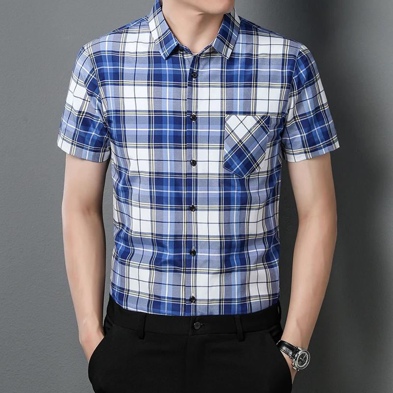 New Men's Casual Plaid Short Sleeved Lapel Shirt for Summer Fashion Comfort No Ironing Wrinkle Resistant Top