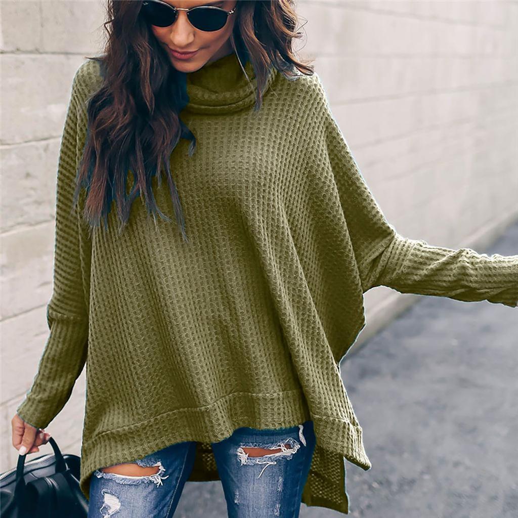 Women's  And Winter Loose Solid Color Irregular Hem Stitching Long-sleeved Pile Collar Knit Sweater Top