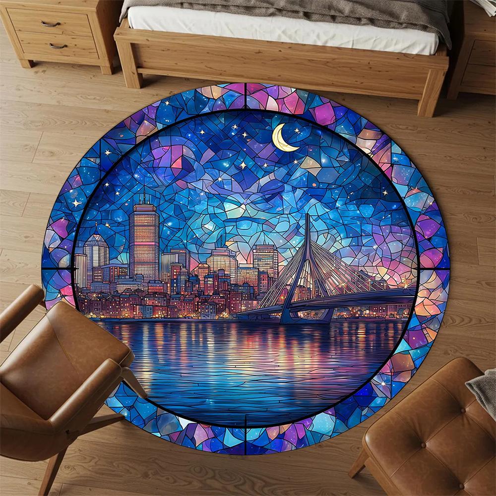 1pc Cityscape Stained Glass Pattern Office Round Rugs, Under Chair Round Rugs for Living Room, Bedroom, Bathroom Decoration Carpet 091813