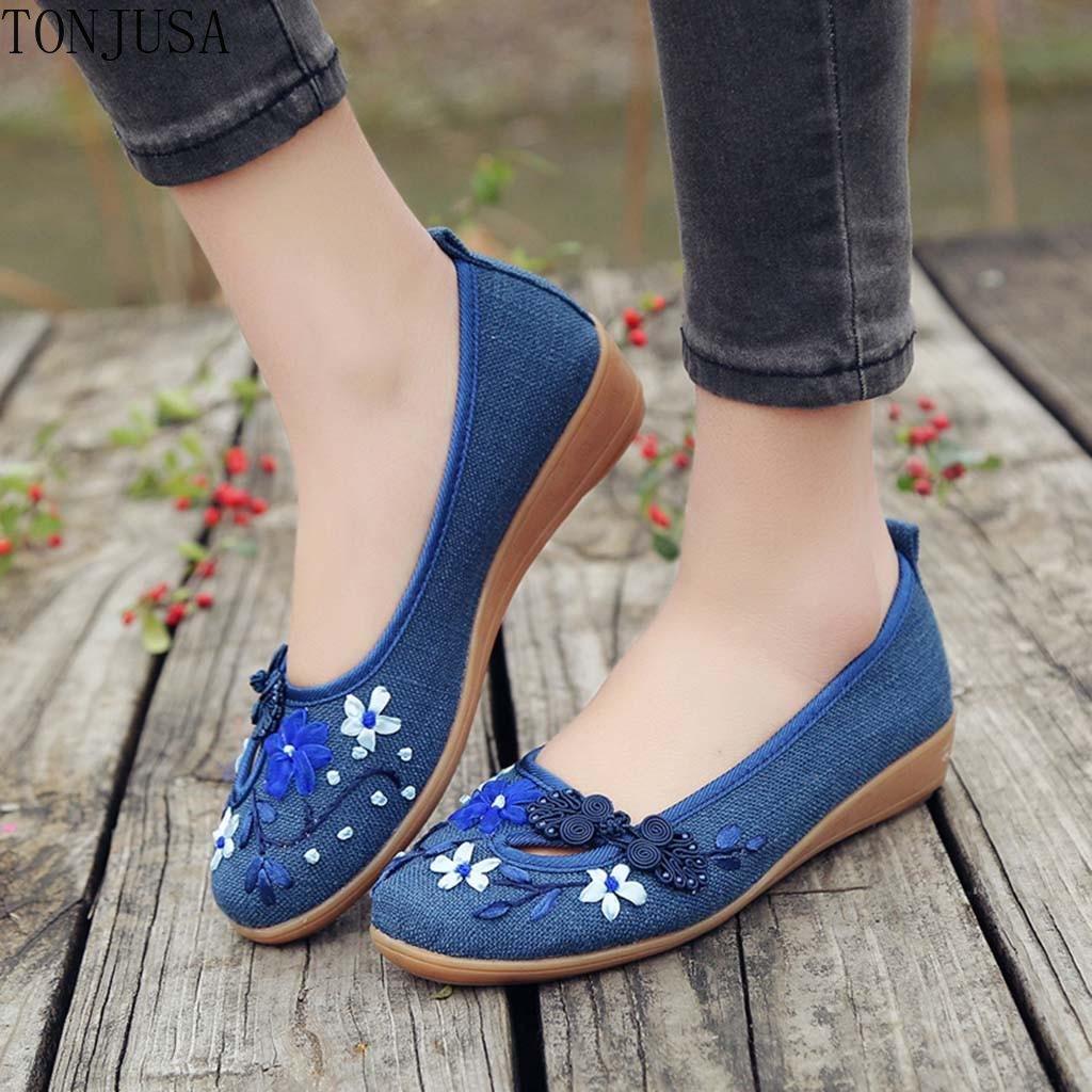 Women Ladies Casual Floral Round Toe Wegdes Embroider Loafers Canvas Shoes