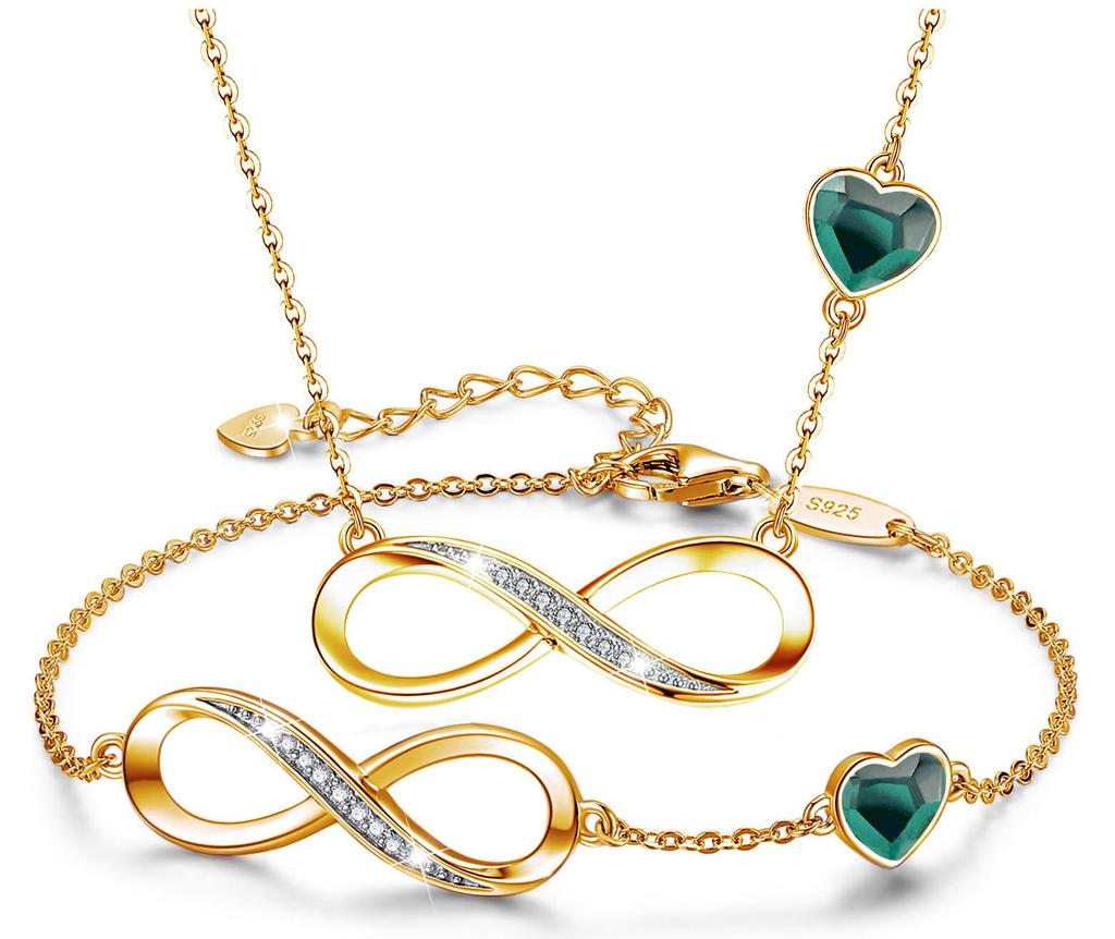 Złoty komplet infinity prezentowy z cyrkoniami - naszyjnik i bransoletka - srebro 925 - pozłacane 24k - emerald