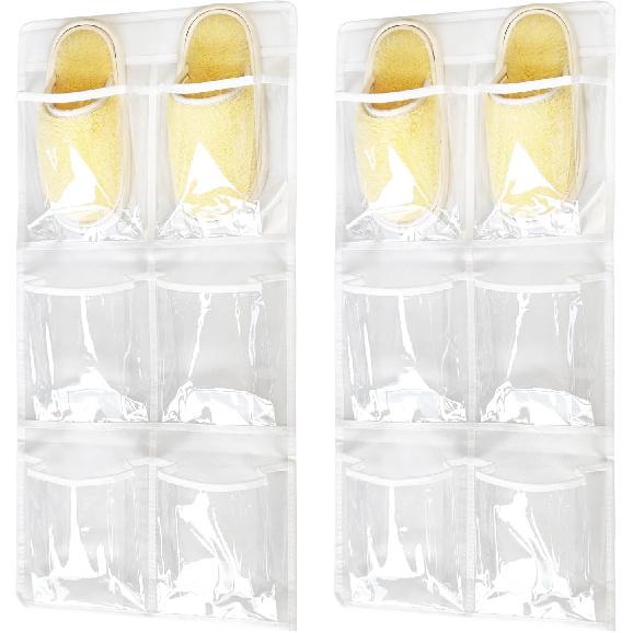 2 Pack 6 Clear Crystal Pockets Large Hanging Shoe Organizer Over The Door Shoe Rack for Closet Door Storage Shoe Holder Hanger, 4 Hooks, White (30