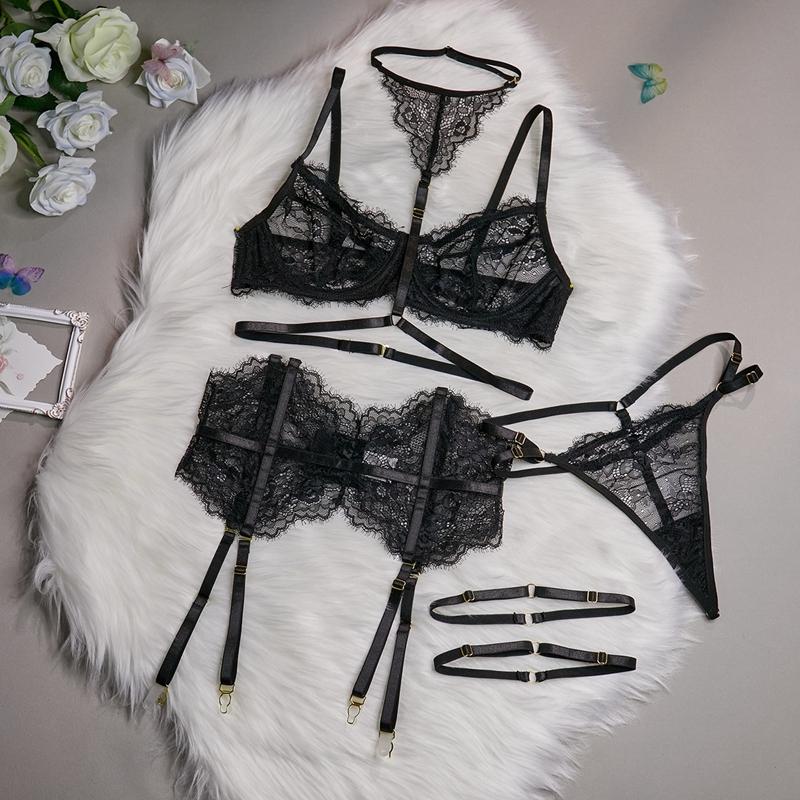 Women's Lingerie Two Piece Sets Women Lace Bra and Panty Set Solid Color Lace Up  Lingerie Set Party Underwear