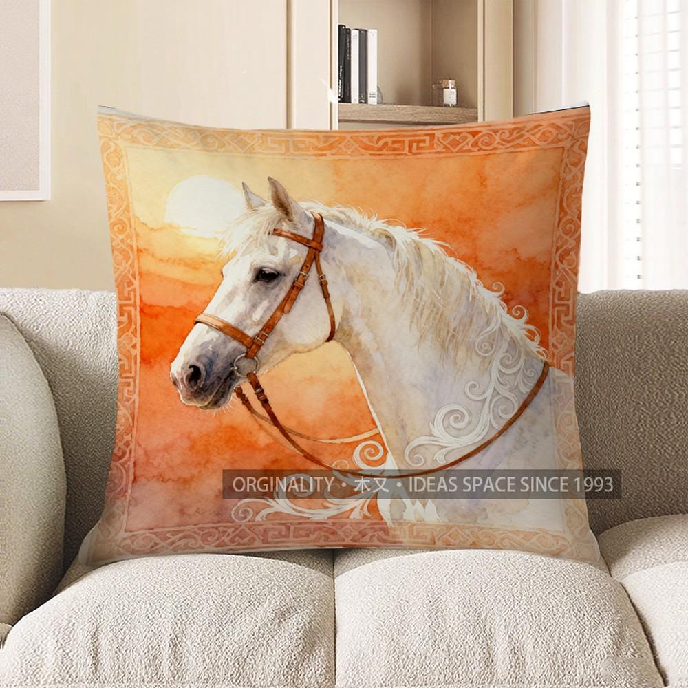 2D White Horse With Sunset Pattern Pillow Cover Pattern Cushion Cover Suitable For Sofa Bedroom Car Pillow Cover
