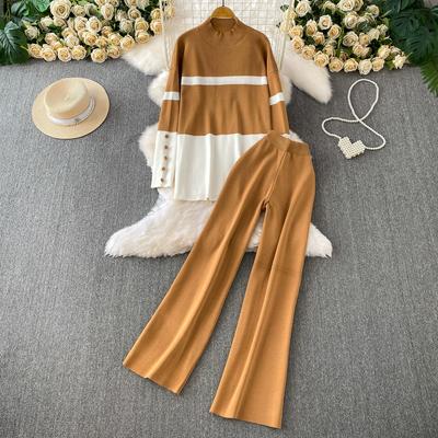 Herbst Winter Damen Lässig Gestrickter Pullover Hose Zweiteiler Langarm Pullover Tops und Weitbein Hosenanzug