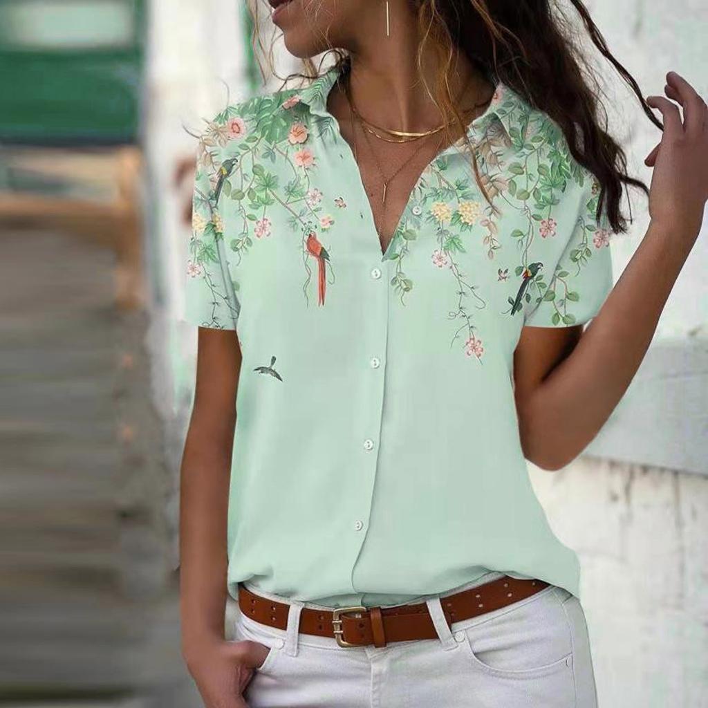 Women's Fashion Casual Printed Button Lapel Short Sleeve Shirt Tops Blouse