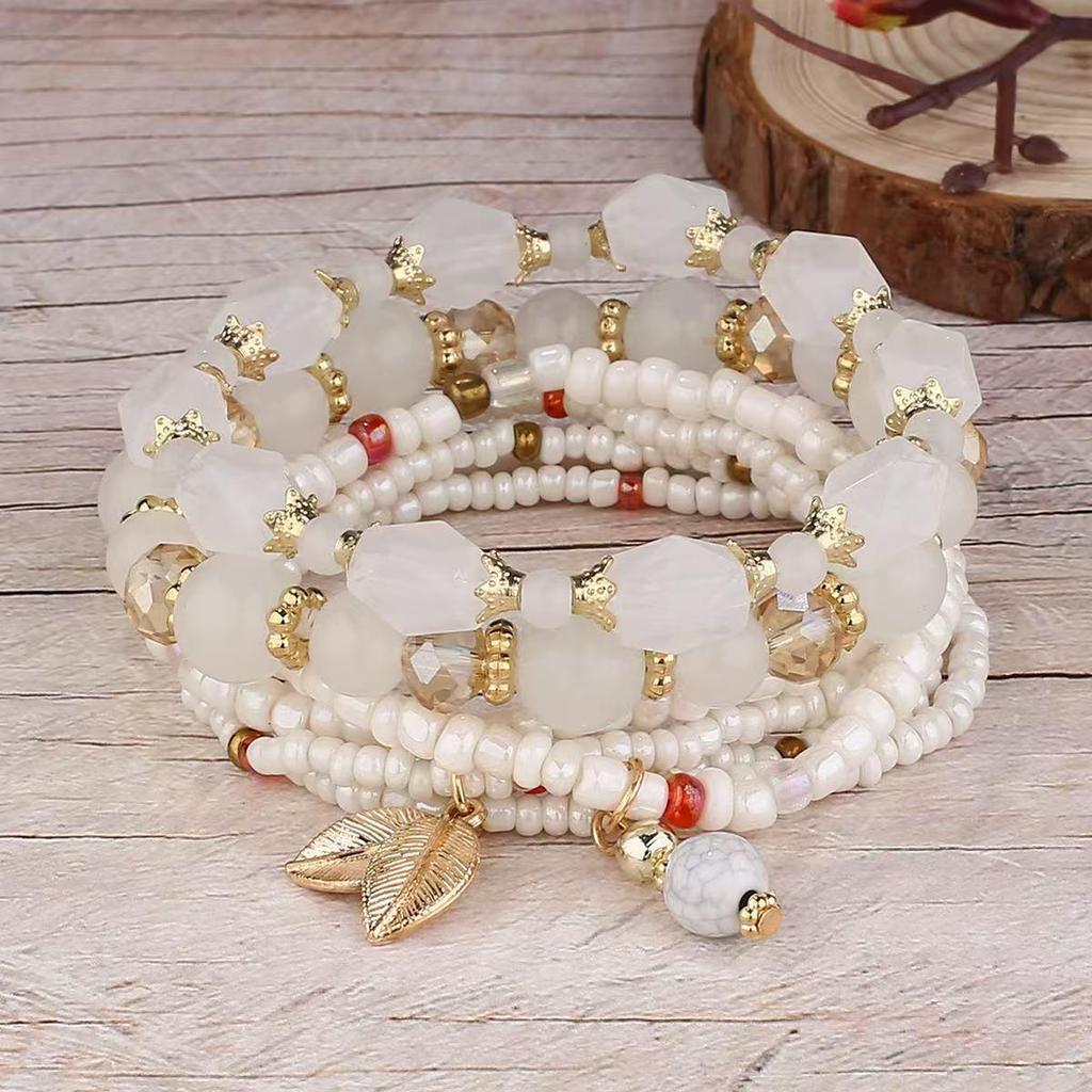 Bohemian Ethnic Layered Beaded Bracelet Set with Leaf Pendant