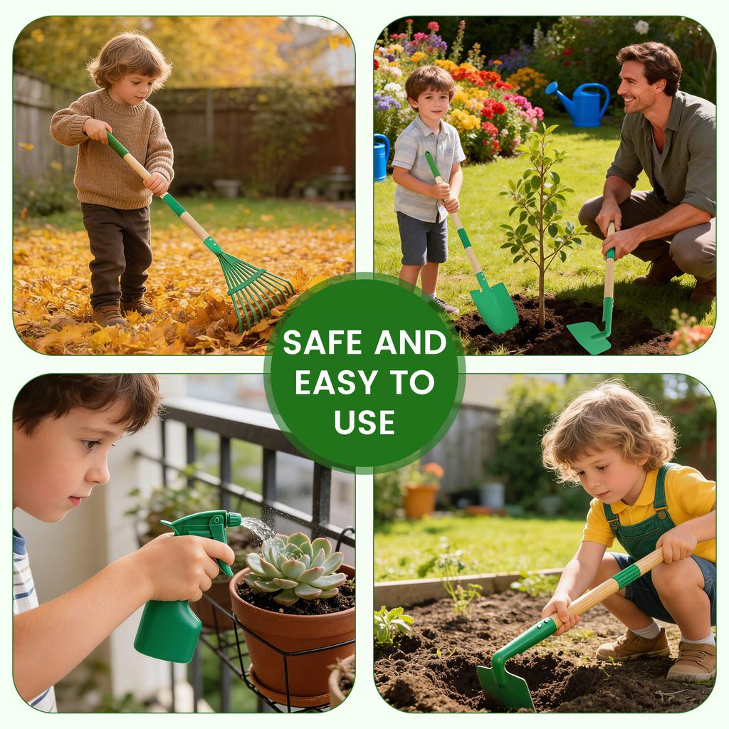 Set di 6/7 Pezzi Attrezzi da Giardinaggio per Bambini Attrezzi da Giardinaggio e Piantagione in Metallo Antiruggine con Manico in Legno Giocattolo Educativo per Bambini Piccoli per Giardino Esterno