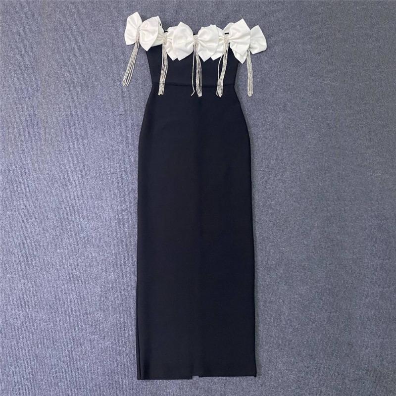 New Rhinestone Fringed Tube Top Dress Design Party Dinner Bandage Dress Bow Sexy Dress