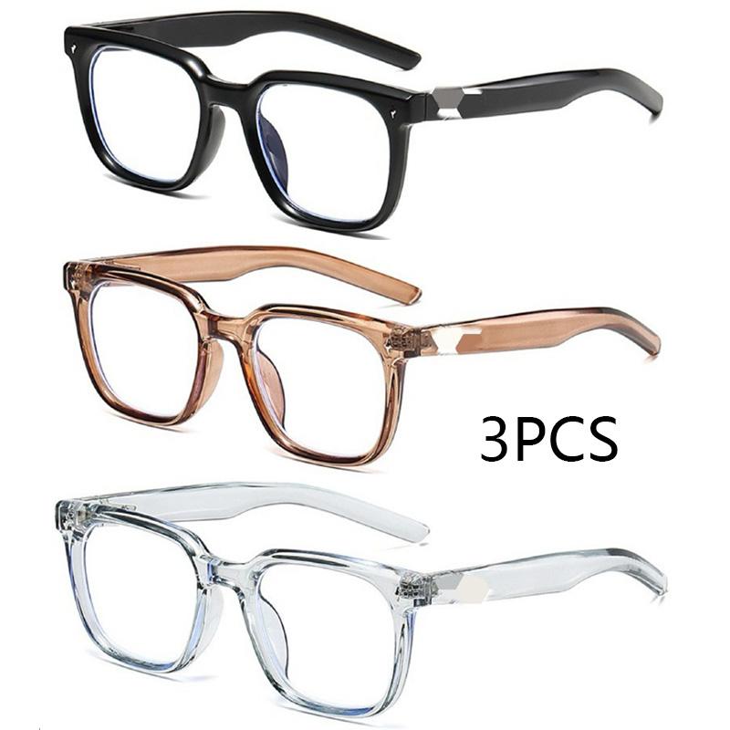 3Pcs Square Rivet Fashion Anti Blue Light Glasses For Daily Commute Fashion Glasses|Riveted Frame Design|Lightweight Eyewear