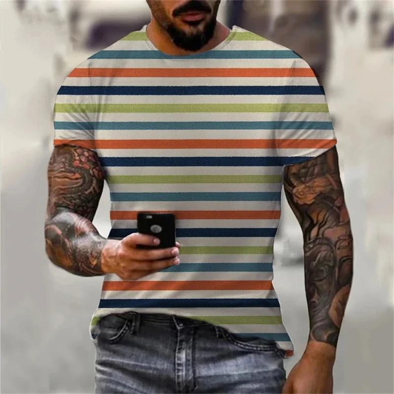 Stripe Graphic T-Shirt For Men Color Block 3D Printed Tees Summer Casual O-Neck Tops Loose Sports Short Sleeve Street T Shirts