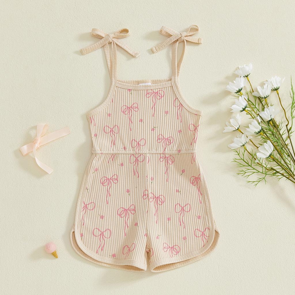 Little Girl Summer Cami Jumpsuit Sleeveless Floral Bow Print Tie Shoulder Shorts Jumpsuits