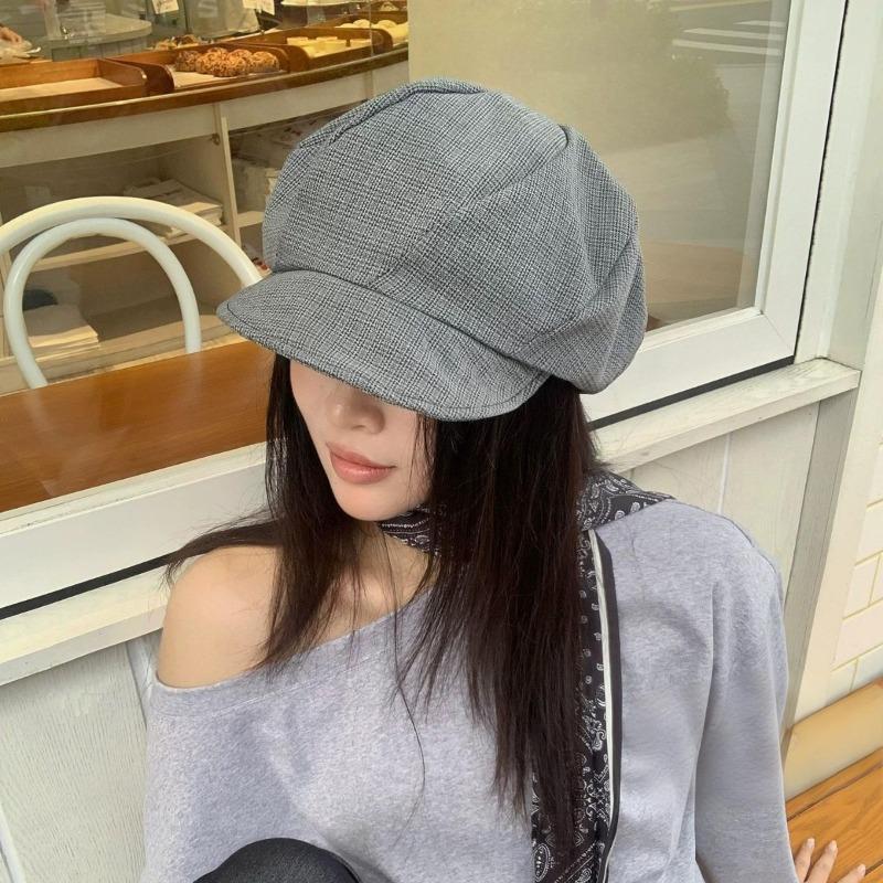 25 Early autumn new small plaid literary and retro octagonal hat women's pleated plaid large version newsboy hat