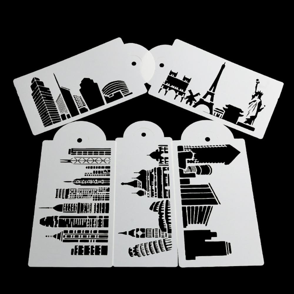 5Pcs Template Bakeware Plastic Cake Stencil Cake Decorating Tool Landmark Building Fondant Molds