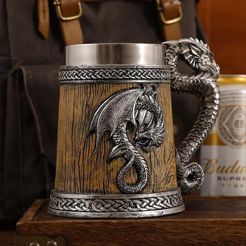 Dragon Mug Pterosaur Cup Stainless Steel Resin Large Capacity Bar Beer Wine Coffee Milk Drinkware Retro Wooden Barrel 600ml 501-600ml