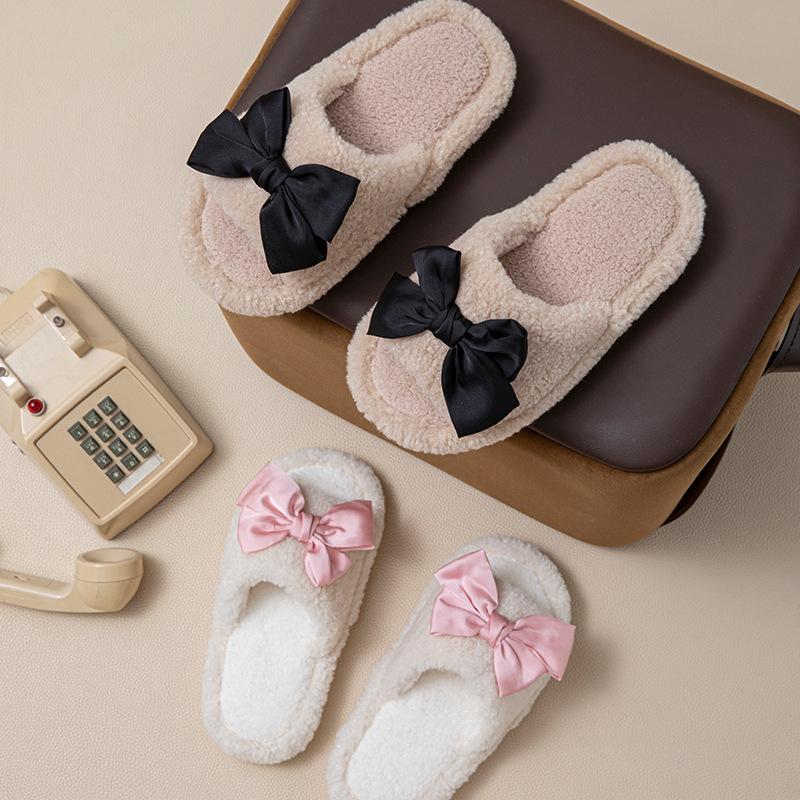 Jedwabna kokarda otwarte bawełniane kapcie ins puszyste kapcie mniej urocze pluszowe kapcie