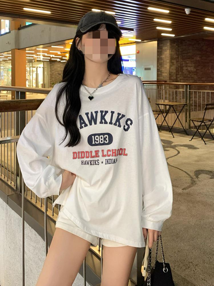 

Женская футболка с длинным рукавом и принтом в японском стиле - свободный крой, средняя длина, на весну и осень XL белый