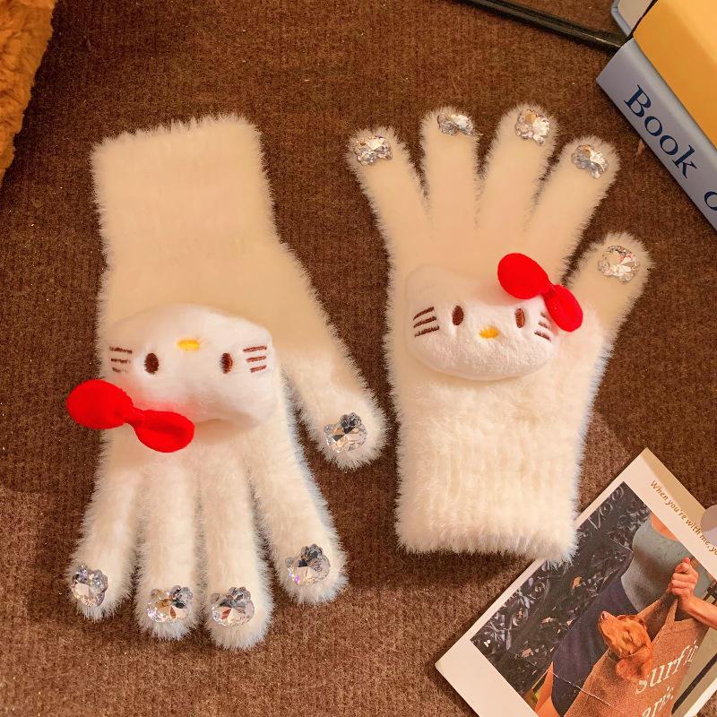 Plush Diamond Cat Nail Gloves: Warm, Split-Finger, Autumn/Winter Gloves for Students & Riding Enthusiasts.