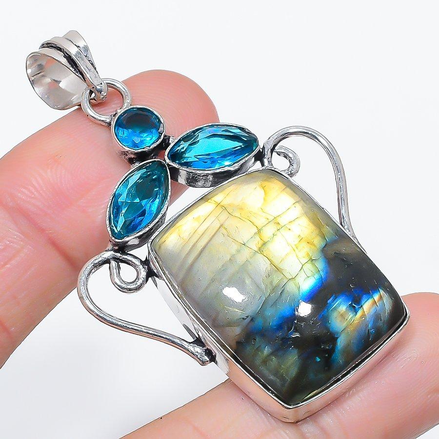 Natural Labradorite, Topaz 925 Sterling Silver Jewelry Pendant 2.36" E6t10