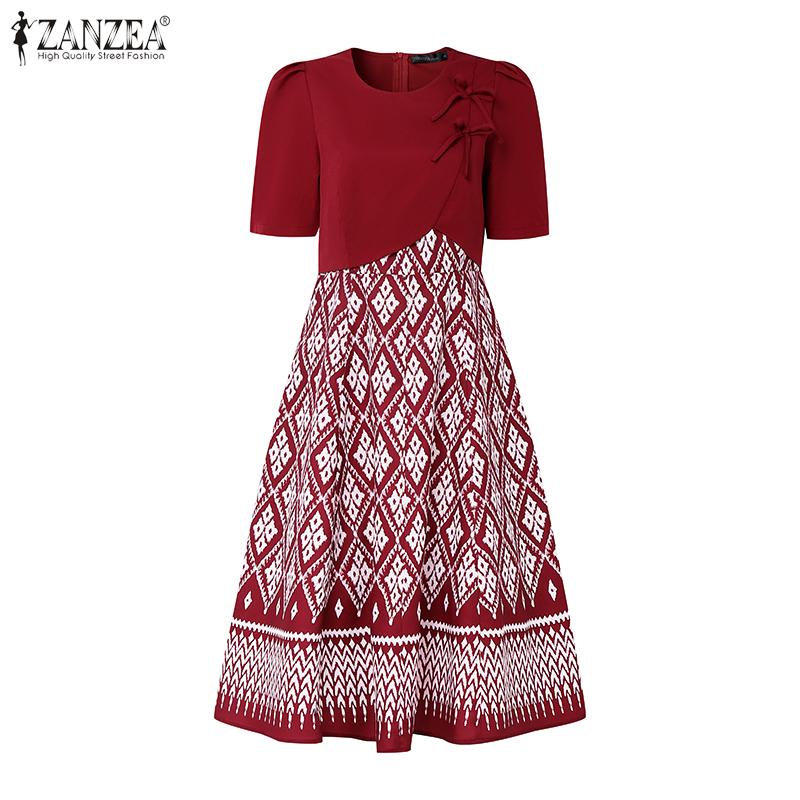 ZANZEA Women Casual Round Neck Short Sleeve Print Dress