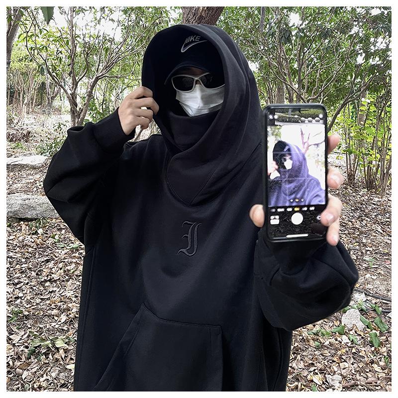 Men's High-Neck Embroidered Hoodie: Socially Anxious Ninja Style for Autumn/Winter