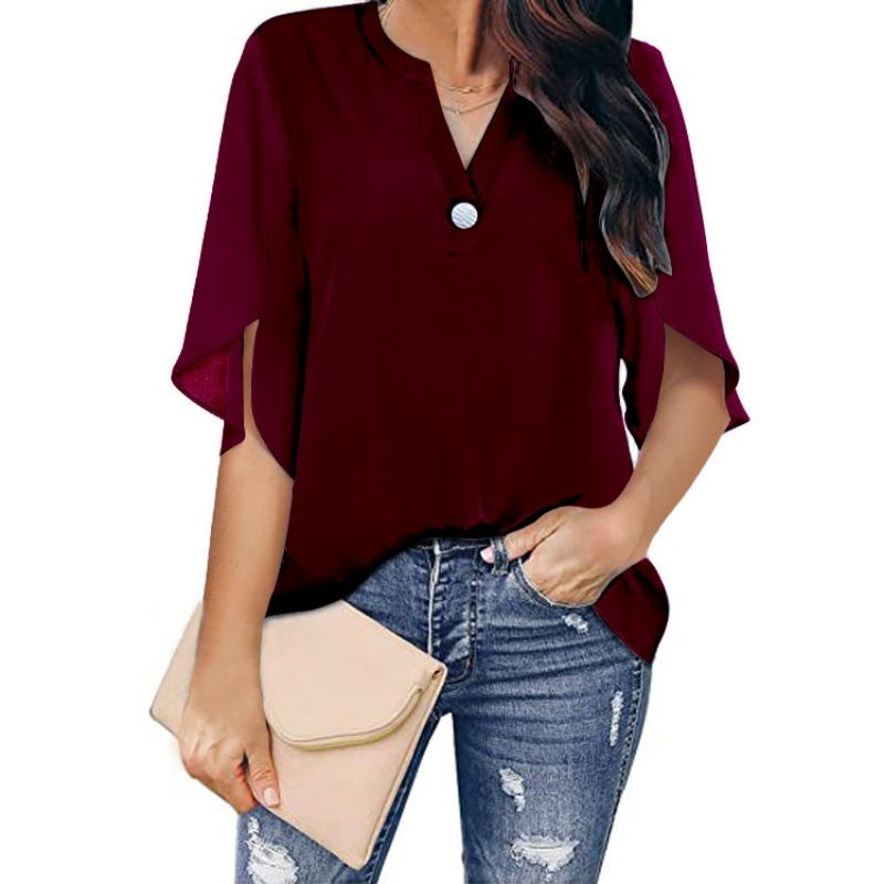Summer New Women's Mid-sleeve Elegant Casual Solid Color V-neck Chiffon Shirt