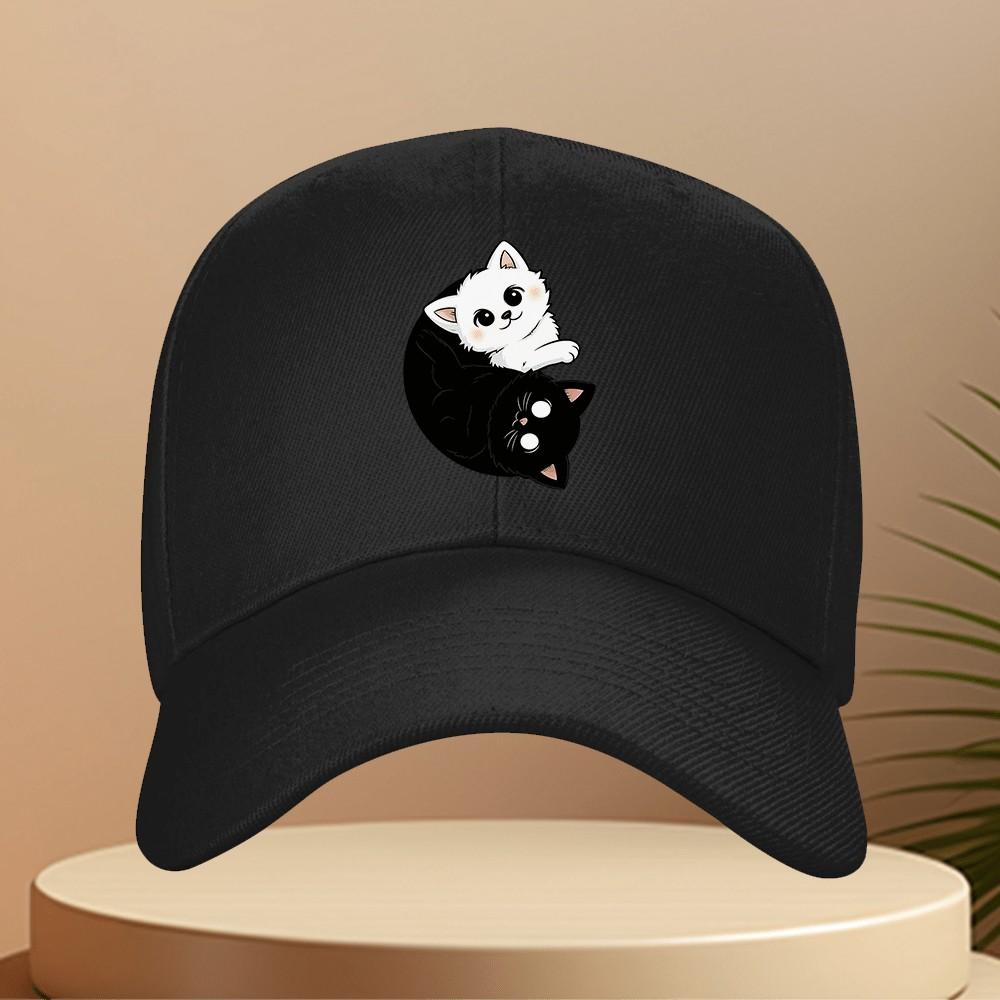 Yin Yang Kitten Design Baseball Cap Polyester Adjustable Unisex Casual Outdoor Sports Hat Gift for Cat Lovers