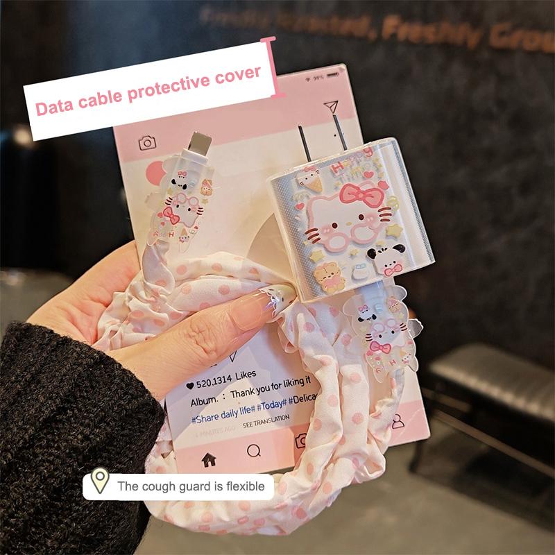 Leopard Print Hello Kitty Data Cable Protective Sleeve For Iphone 17 16 15 18/20W Charger Head Protector Cover Anti-Break Rope