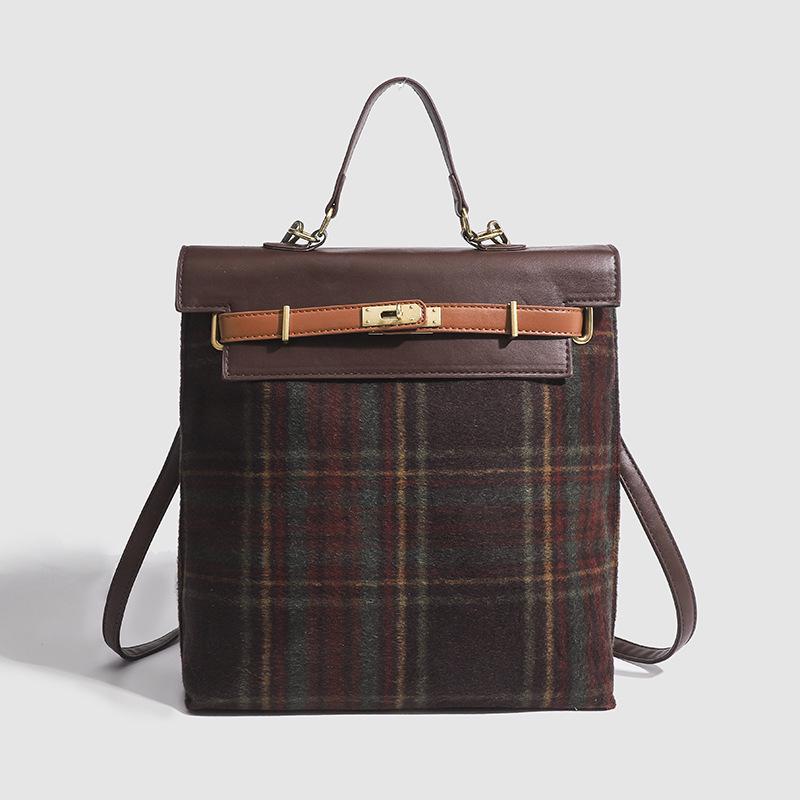 

Niche Autumn/Winter Merlot Plaid Tweed Handbag & Crossbody Backpack