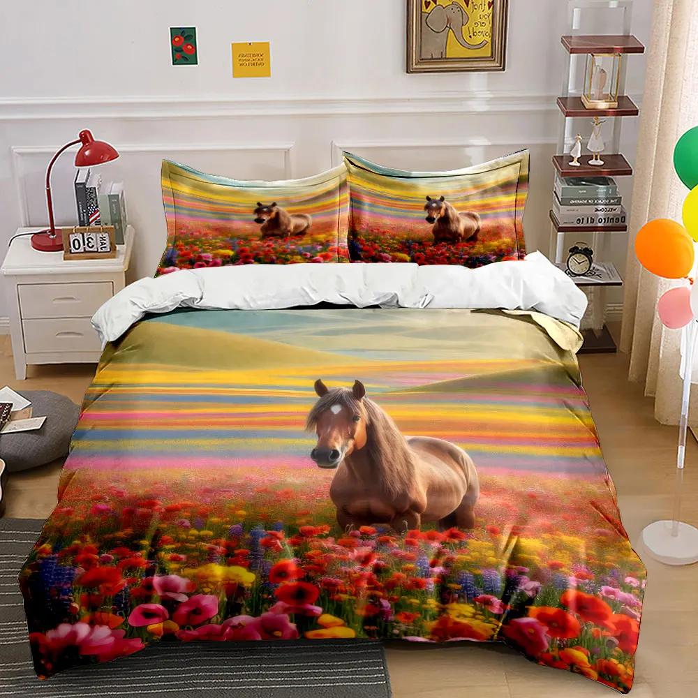 Horse In Colorful Meadow Decor Set Bedding Set with 1 Duvet Cover 2 Pillowcases Single Double King Queen Gift