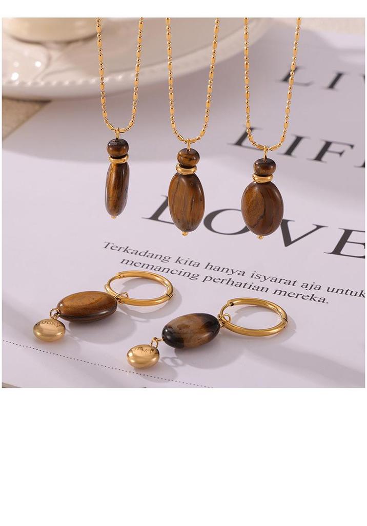 Maillard Geometric Tiger Eye Oval Pendant & Earrings Set In 18K Gold-Plated Titanium Steel