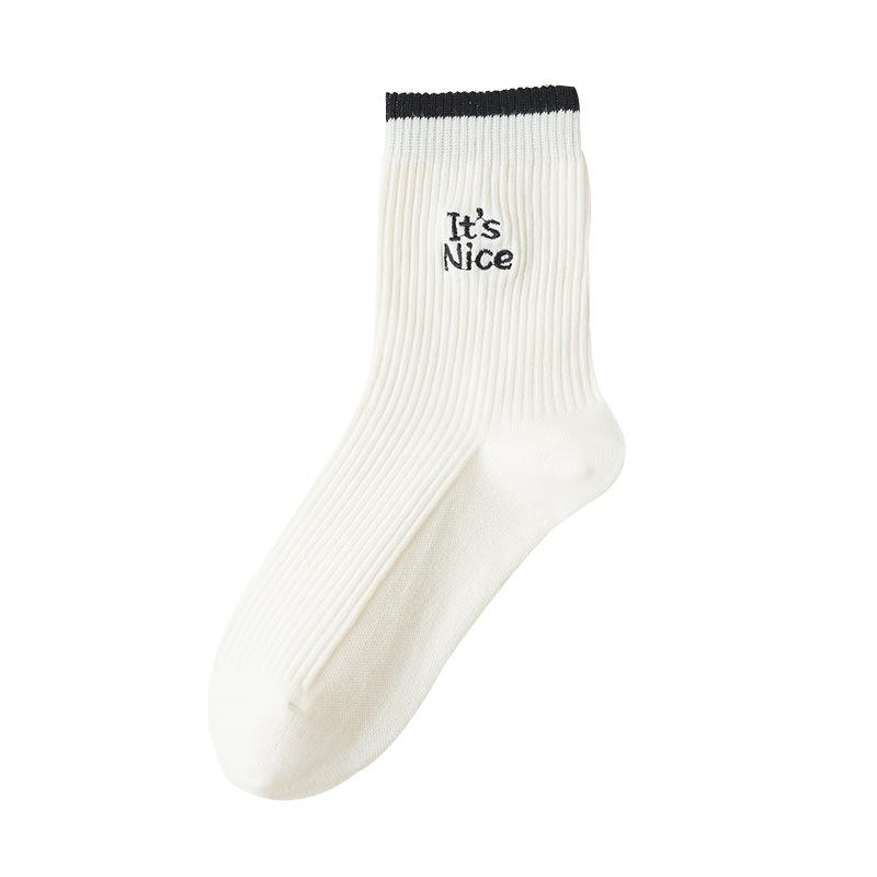 5 Pairs of Collision Screw Mouth Embroidery Drawstring Micro Women's Socks Boneless Autumn and Winter Sports Tall Rubber Band Mid-calf Socks Wholesale