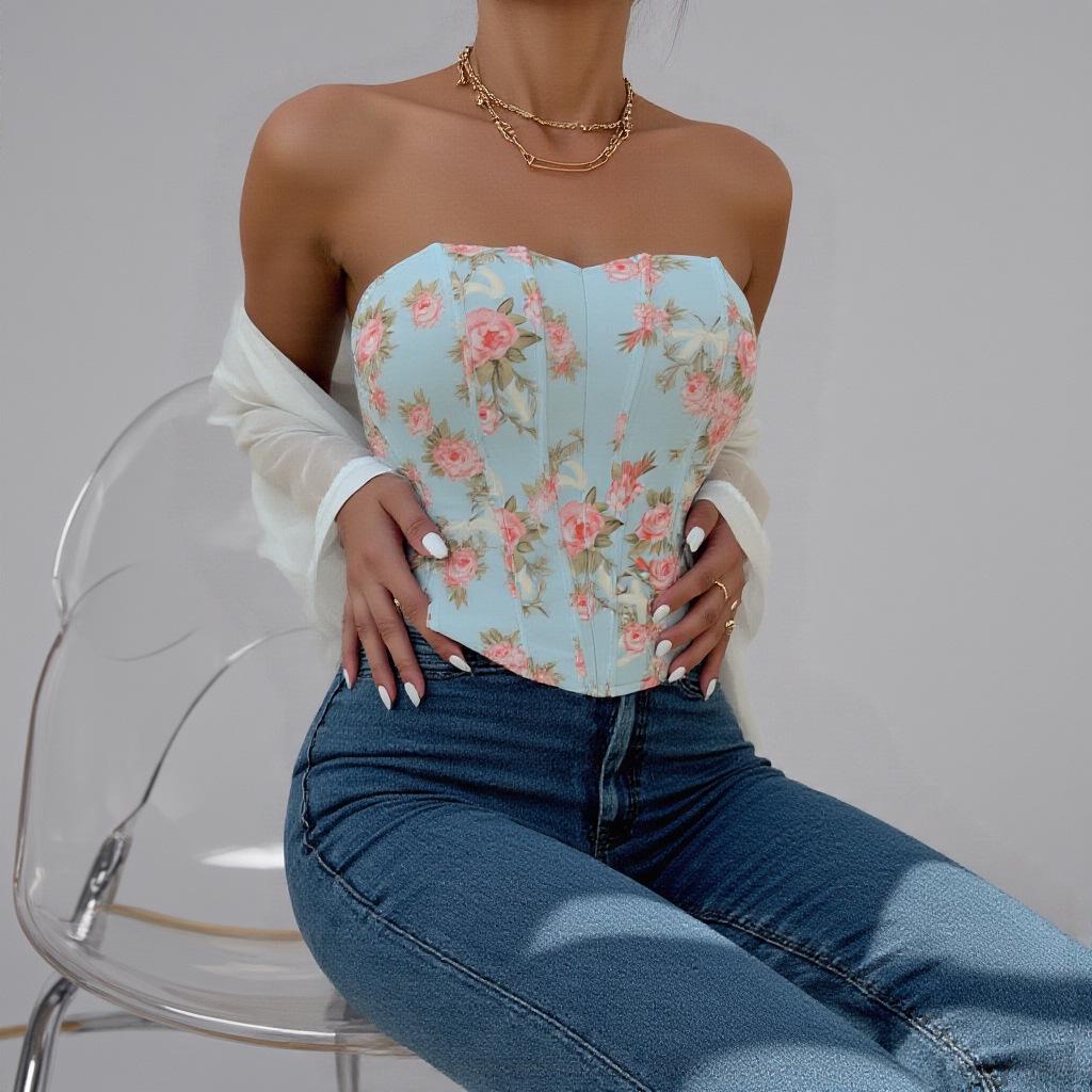 European & American Sexy Backless Floral Fishbone Camisole