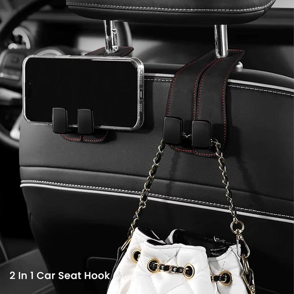 2 in 1 Quality Car Headrest Hook Premium Suede Rear Seat Hanging Dual Hook Large Load-Bearing Alloy/ABS Hook Hanger Universal