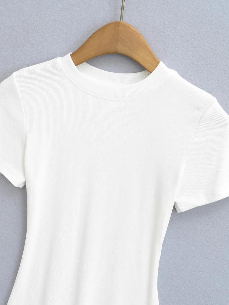 2025 Summer Kardashian Style Ribbed Short Sleeve Top - Solid Color & Sexy Round Neck