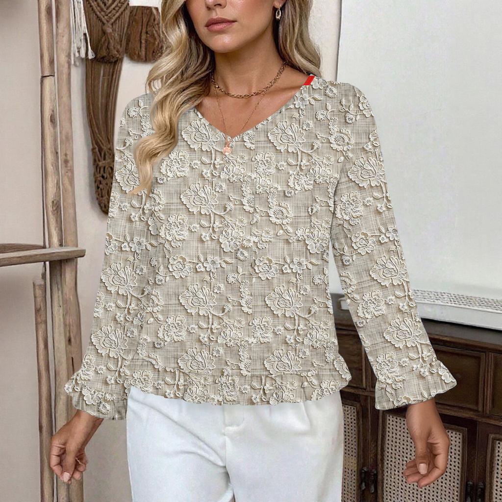 Dámský ležérní módní top s volánky, výstřihem do V, potiskem a dlouhým rukávem