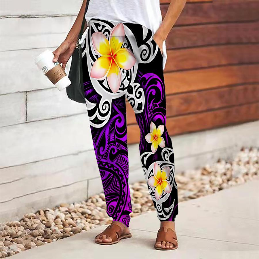 Women Flower Printing Pants Lace Up Elastic Waist Loose  Trousers Casual Long Pants Trousers with Pockets