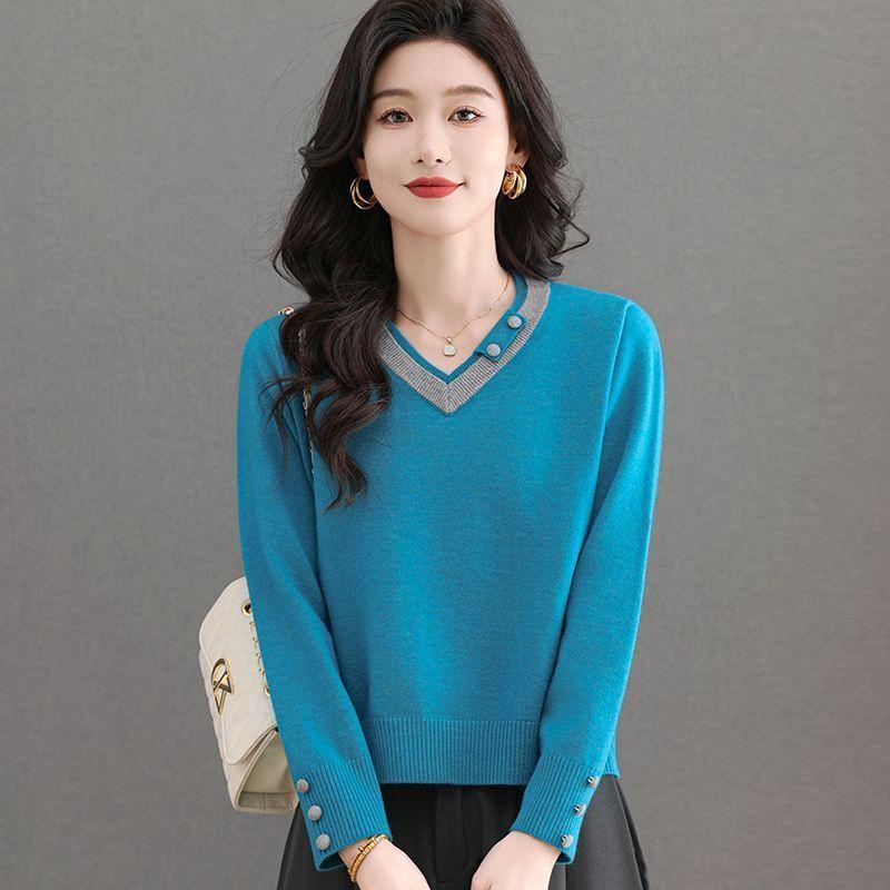 Sweater Women's Color-blocking Short Fashionable V-neck Base Shirt Top