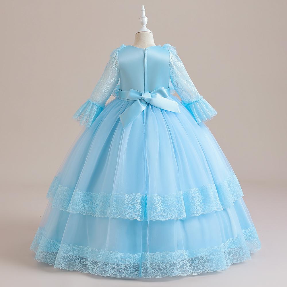 Flauschige Mädchen-Partykleider, weiße Spitze, Schleife, Bridemaid, Hochzeit, Prinzessin, Kinderkleid für Mädchen, halbe Ärmel, Geburtstagskleid, Kostüm