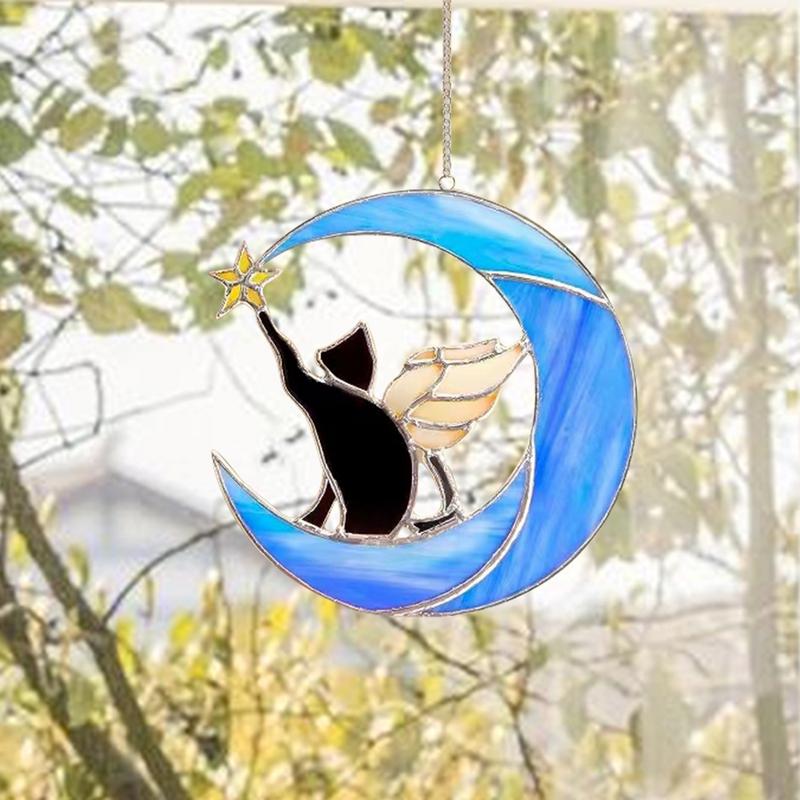 Stained Glass Cat Suncatchers Colorful Crystal Window Hangings Sun Catchers Pet Sympathy Gift Rainbow Maker Chain