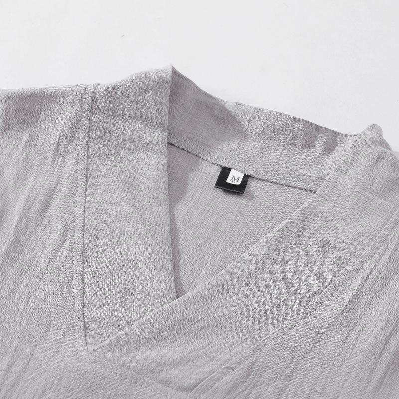 Mens Chinese Style Loose Cotton Linen Two Piece Set V Neck T Shirt Long Pants
