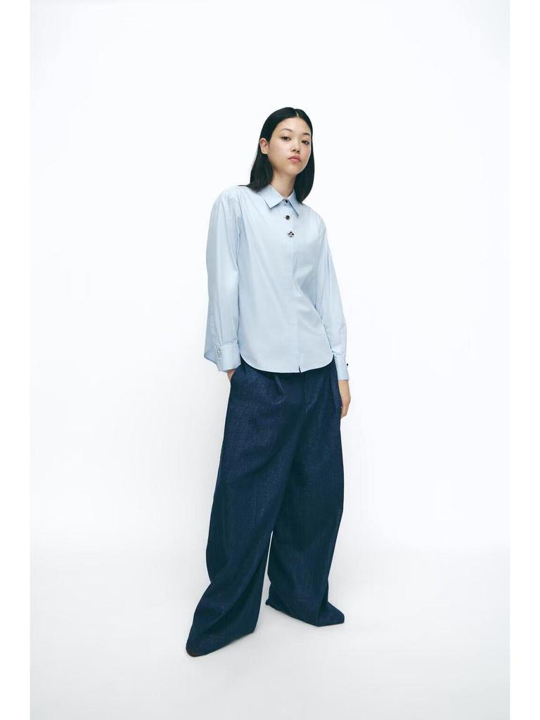 Spring/Summer 2025 European & American Gold Button Turn-Down Collar Long Sleeve Loose Shirt