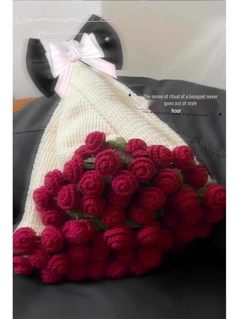 Zestaw do samodzielnego wykonania ręcznie dzierganego koca bukietu róż - Włóczka i narzędzia w zestawie na prezent koc w kwiaty