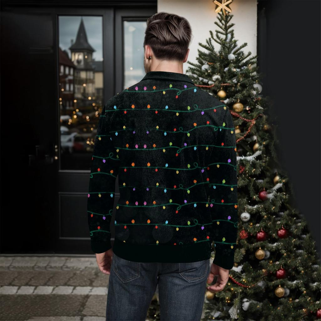 Men's Christmas Cotton Pullover Long Sleeve Outdoor Shirt Vintage Corduroy Button Stand Collar Shirt Casual Sweatshirt Christmas Print Top
