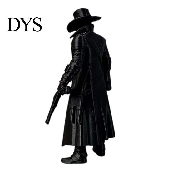 Matte Black Ornament 3D Printed Gothic Lantern Hunter Figurine, Dark Cloaked Man Statue Durable Static Figure with Cape for Halloween, Spooky