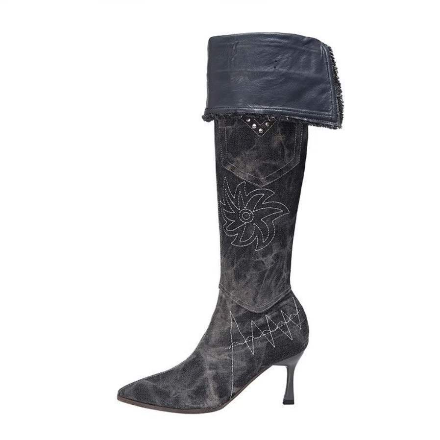 

Средневековые остроносые европейские и американские y2k сапоги-ботфорты из денима Spice Girls, вышивка, ручная работа, тонкий каблук, высокие рыцарские сапоги для женщин 80 customized careful shot