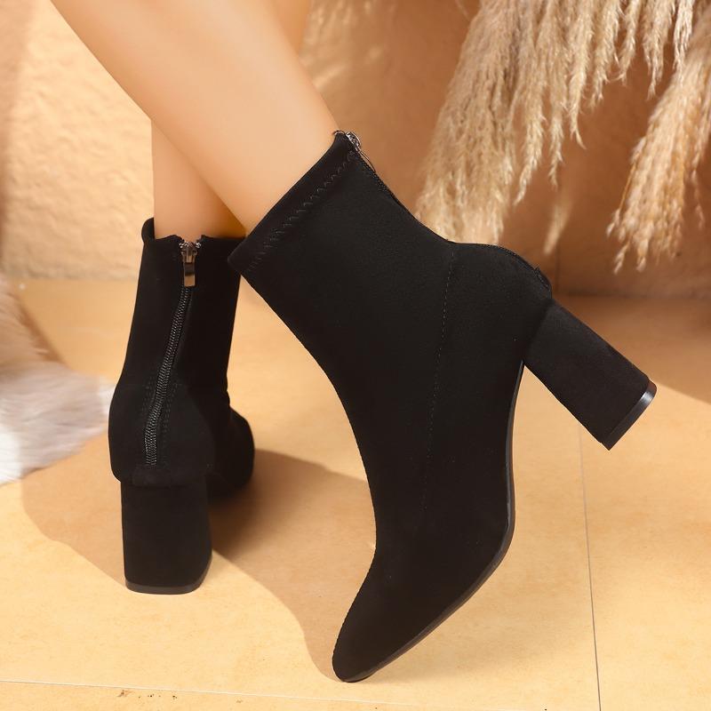 Kraví semišový blokový podpatek Jednoduché kozačky Podzim Nové Špičatá špička Zadní zip Protiskluzové Odolné proti opotřebení Kozačky s krátkým svrškem Úzké