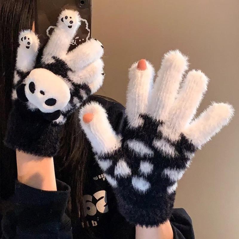 Cute red panda plush knitted five-finger gloves for women in winter, students can ride electric vehicles to keep warm and thicker
