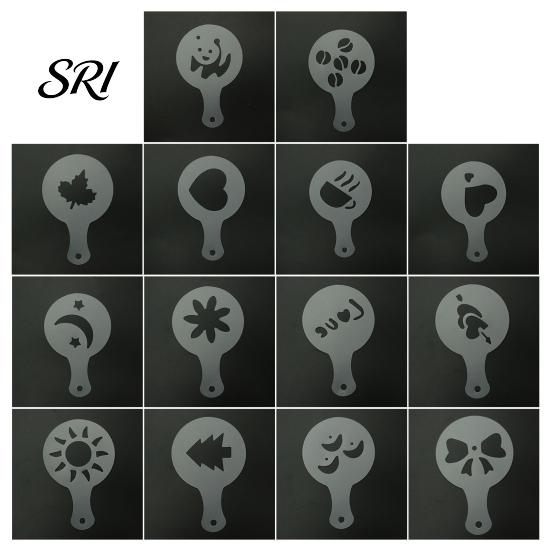 Set di 16 Stencil in Plastica per Latte Art, Stampi per Arte del Caffè con Manico Antiscivolo, Spessi, Riutilizzabili, Modelli per Cappuccino Caldo