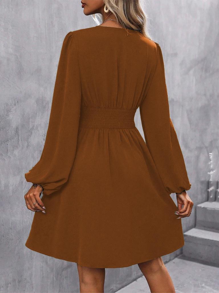 Asymmetric Neck Lantern Sleeve Ruffle Waist Dress